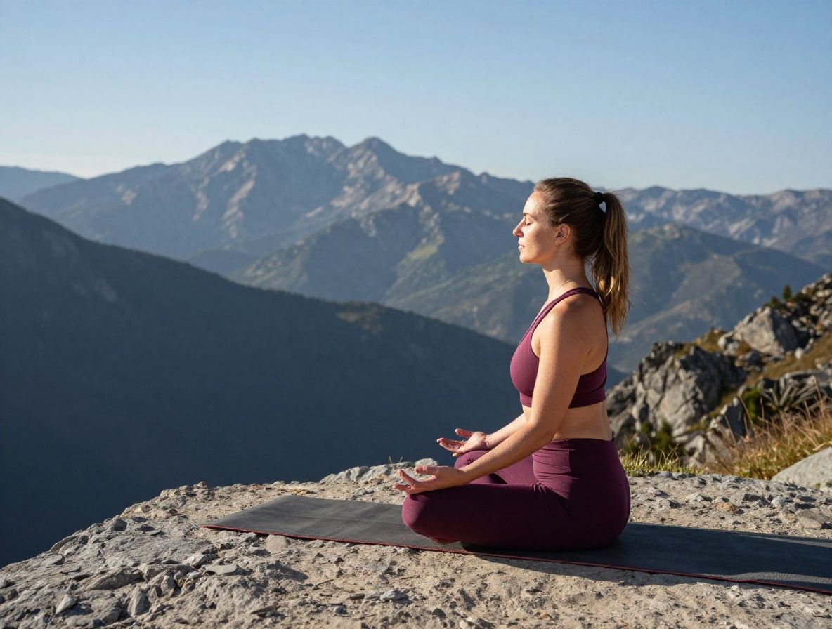 Žena cvičiaca jogu na skalnatej plošine pri východe slnka s panorámou hôr v pozadí, symbolizujúca spojenie s prírodou a telesnú pohodu
