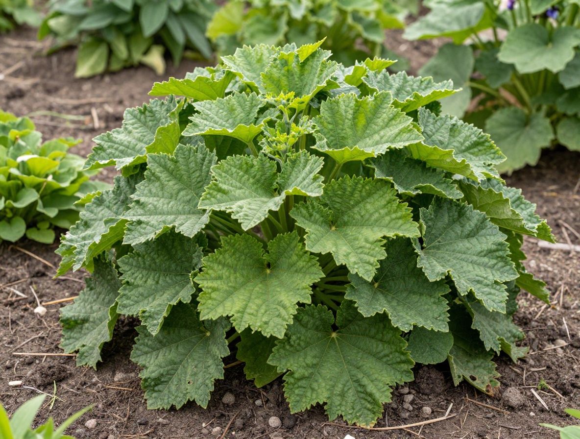 Botanická záhrada s rozmanitými liečivými rastlinami a bylinkami v rade, fotené z vtáčej perspektívy, s teplým poludňajším svetlom